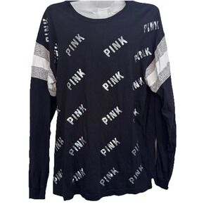 Victoria's Secret Pink Long-Sleeve Campus TShirt, Black Bling Logo Pink Size S‎